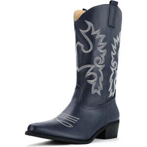 Women Navy Blue Manmade Material Mid Calf Embroidered Low Heel Pointed Toe Boots